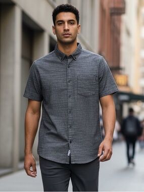 Hurley Men's One & Only Stretch Short Sleeve Charcoal Button Down Shirt Sz small